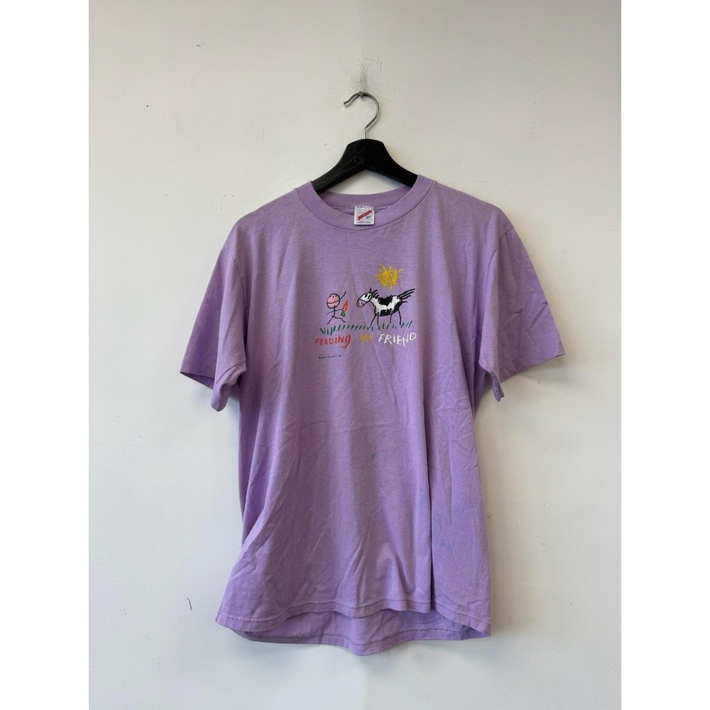 Vintage Jerzees Shirt Mens Medium‎ Purple Feeding My Friend Cow Farm Tee 80s 90s